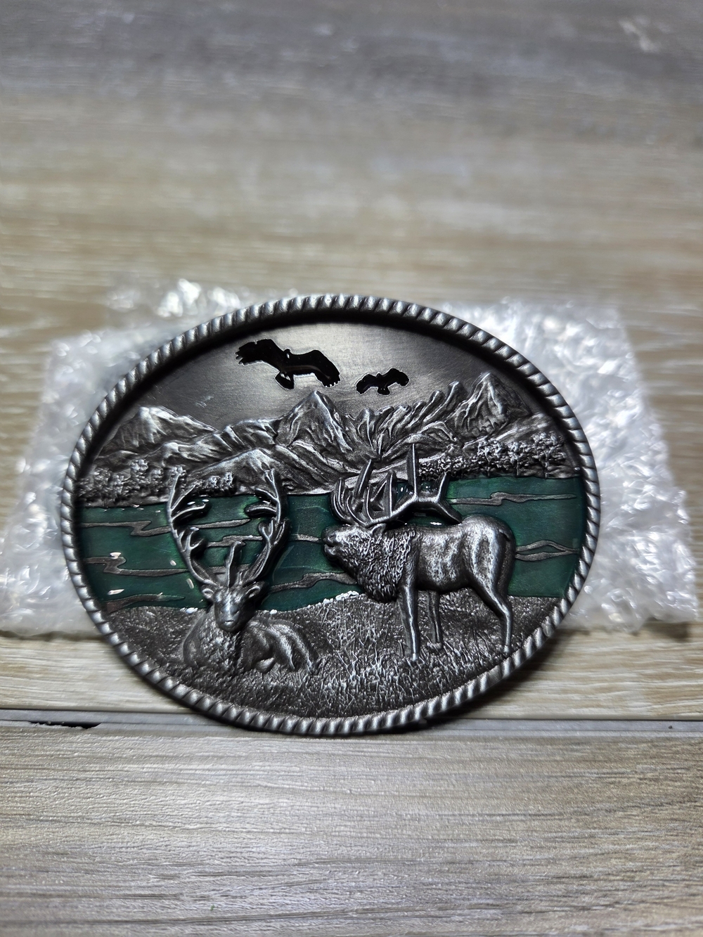 Western Oval Elk Deer Mountain Green Metal Belt Buckle
